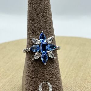 Bomb party rhodium plated lab created blue sapphire stone ring Size 9.5